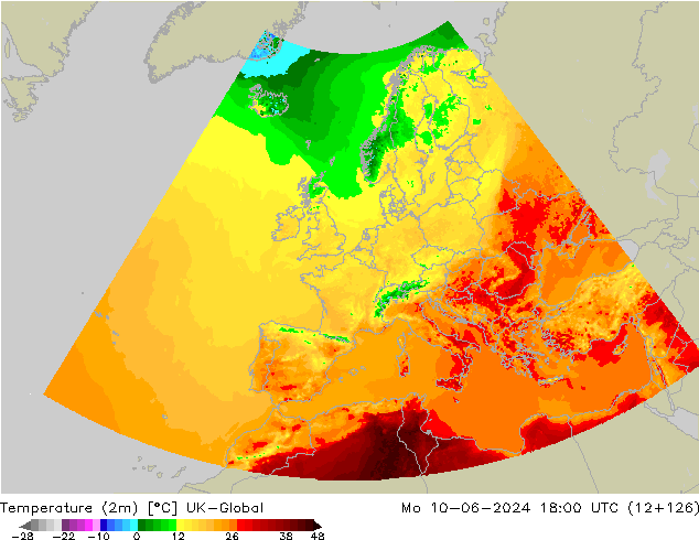 Temperatura (2m) UK-Global Seg 10.06.2024 18 UTC