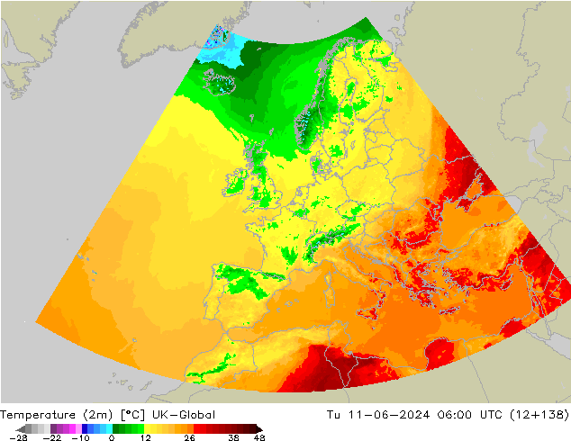 Temperatuurkaart (2m) UK-Global di 11.06.2024 06 UTC