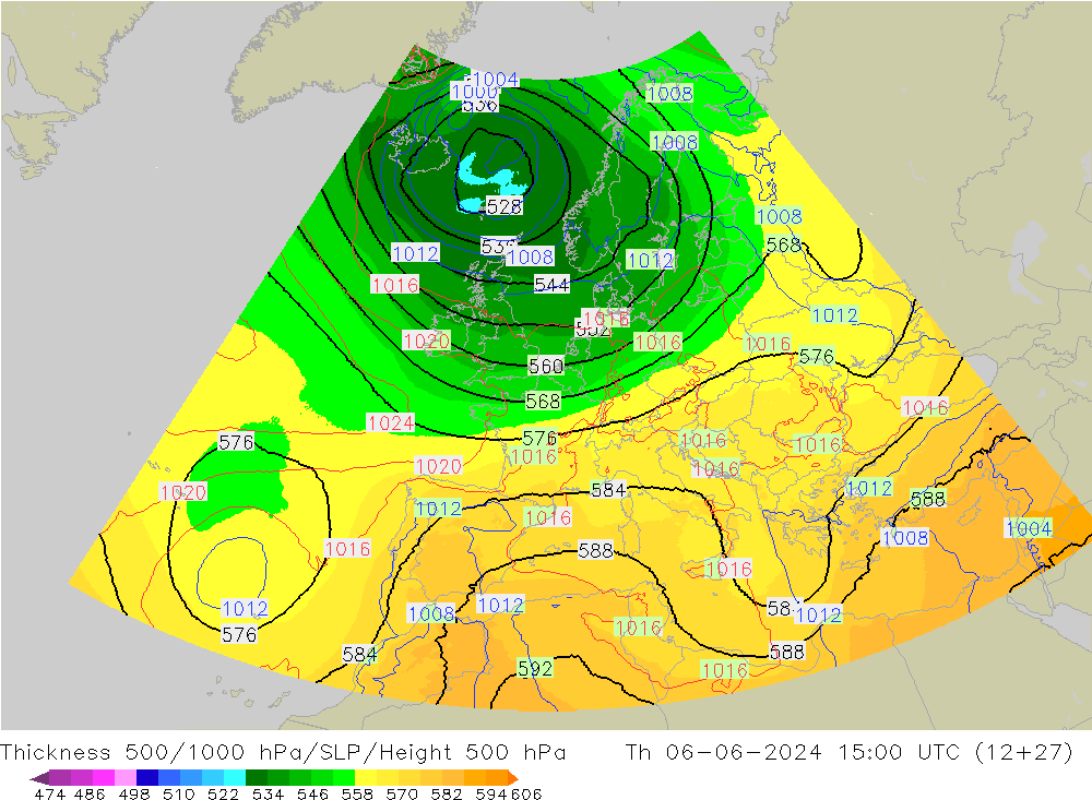 Espesor 500-1000 hPa UK-Global jue 06.06.2024 15 UTC
