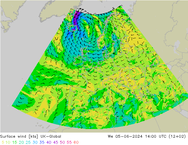 Vent 10 m UK-Global mer 05.06.2024 14 UTC
