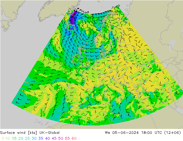 Vento 10 m UK-Global Qua 05.06.2024 18 UTC