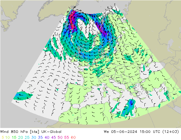 Vento 850 hPa UK-Global mer 05.06.2024 15 UTC