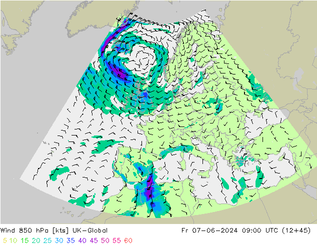 Wind 850 hPa UK-Global Fr 07.06.2024 09 UTC