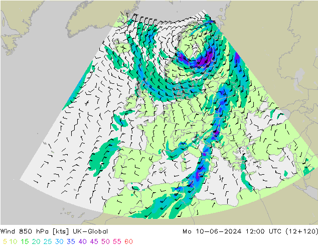 Wind 850 hPa UK-Global Po 10.06.2024 12 UTC