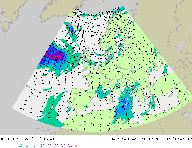 Wind 850 hPa UK-Global We 12.06.2024 12 UTC