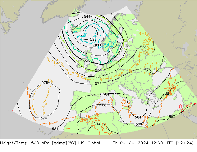 Height/Temp. 500 hPa UK-Global gio 06.06.2024 12 UTC