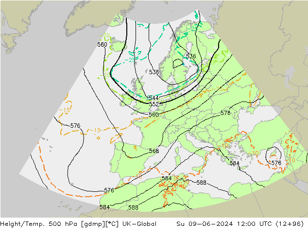 Height/Temp. 500 гПа UK-Global Вс 09.06.2024 12 UTC