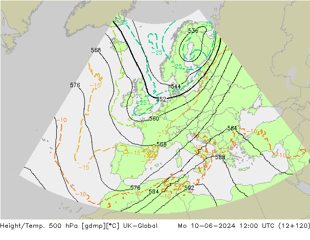 Height/Temp. 500 hPa UK-Global Mo 10.06.2024 12 UTC