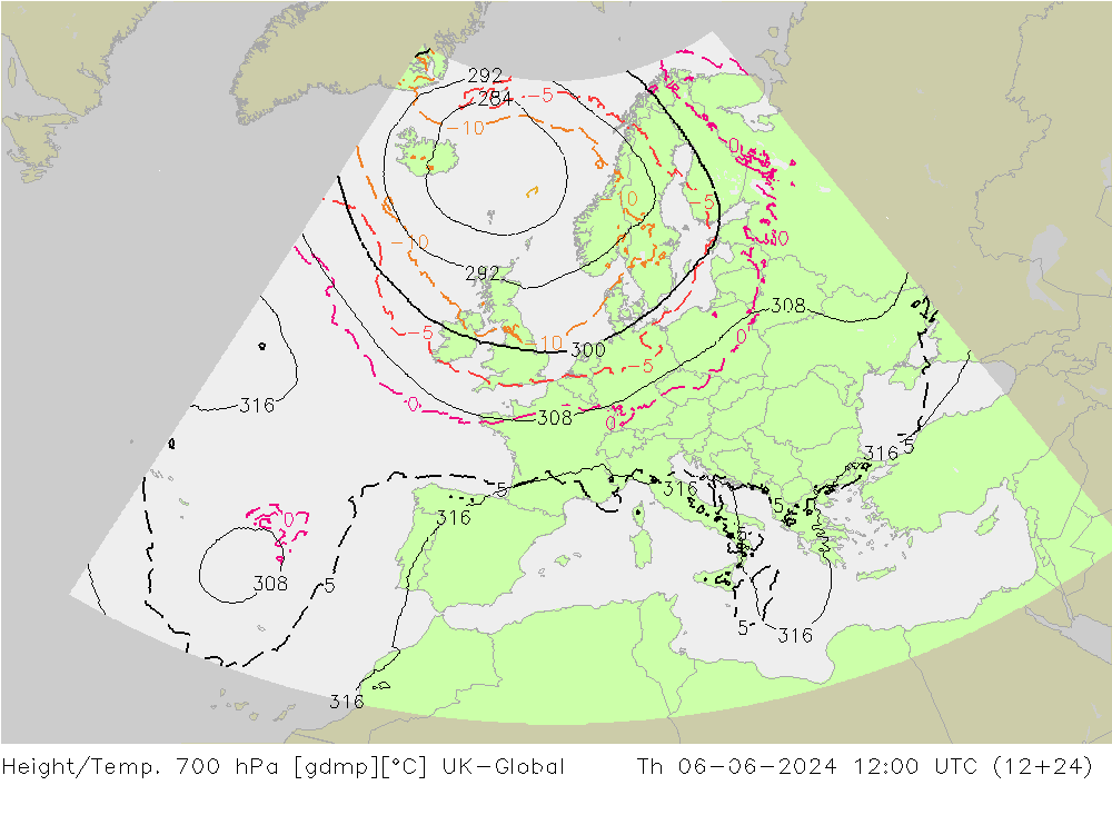 Height/Temp. 700 hPa UK-Global Th 06.06.2024 12 UTC