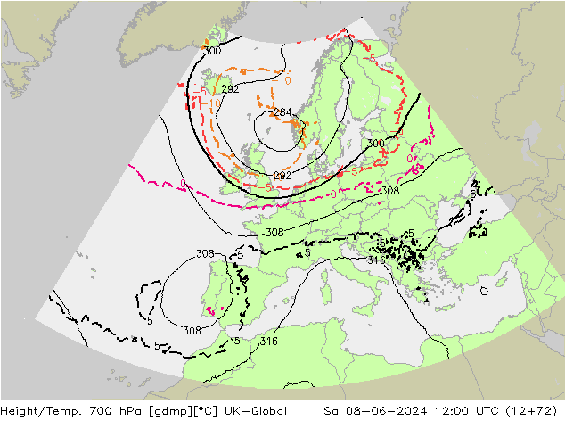 Height/Temp. 700 hPa UK-Global  08.06.2024 12 UTC