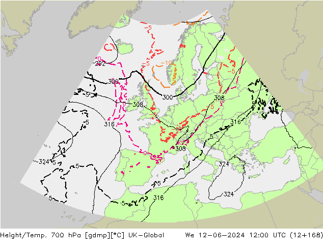 Height/Temp. 700 hPa UK-Global We 12.06.2024 12 UTC
