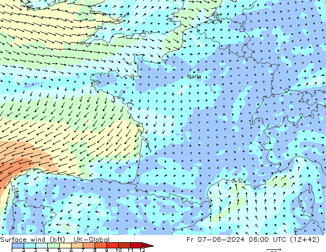 Surface wind (bft) UK-Global Fr 07.06.2024 06 UTC