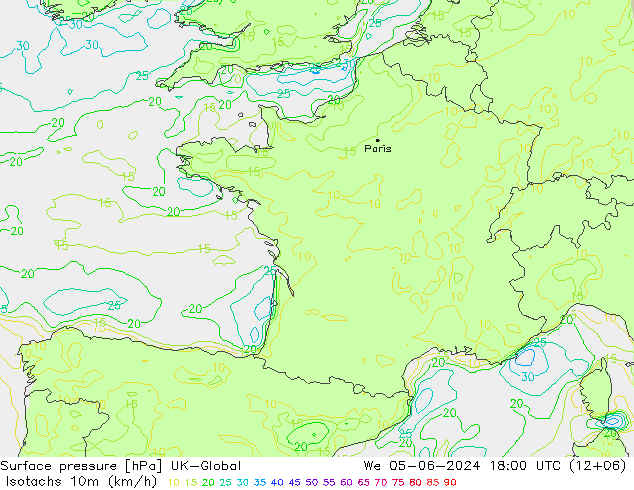 Izotacha (km/godz) UK-Global śro. 05.06.2024 18 UTC