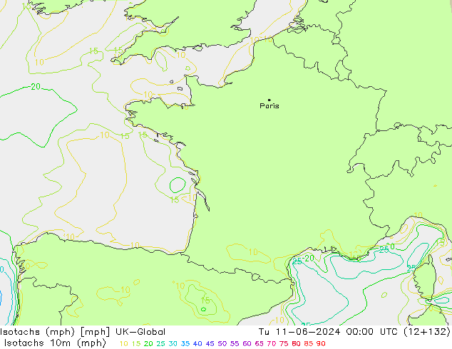 Isotachs (mph) UK-Global вт 11.06.2024 00 UTC