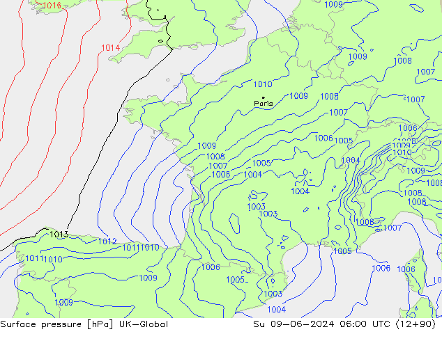 Presión superficial UK-Global dom 09.06.2024 06 UTC