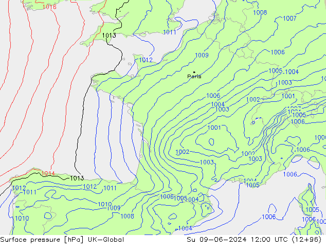 Pressione al suolo UK-Global dom 09.06.2024 12 UTC