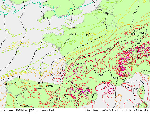 Theta-e 850hPa UK-Global Su 09.06.2024 00 UTC