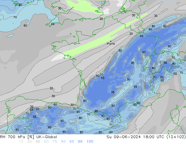 Humidité rel. 700 hPa UK-Global dim 09.06.2024 18 UTC