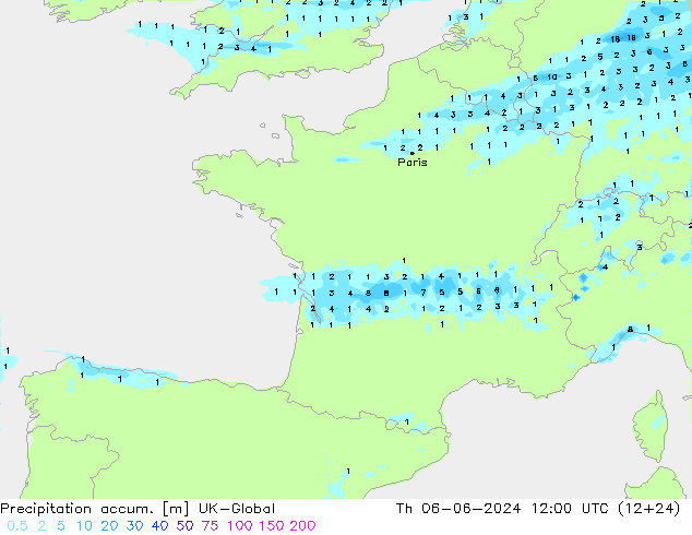 Precipitation accum. UK-Global czw. 06.06.2024 12 UTC