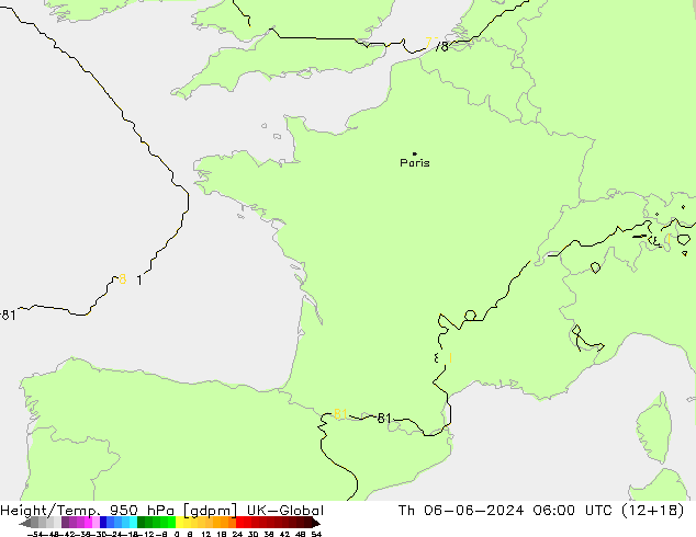 Height/Temp. 950 hPa UK-Global Th 06.06.2024 06 UTC