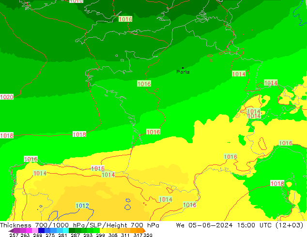 Espesor 700-1000 hPa UK-Global mié 05.06.2024 15 UTC