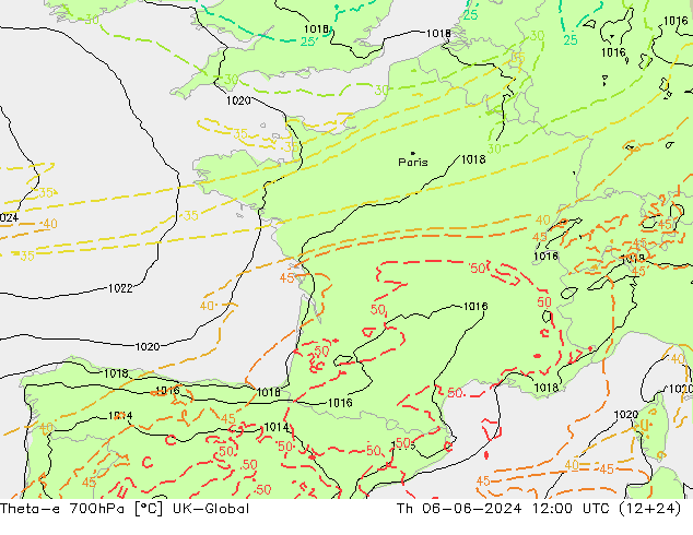 Theta-e 700hPa UK-Global Th 06.06.2024 12 UTC