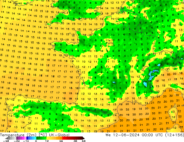 Temperatura (2m) UK-Global Qua 12.06.2024 00 UTC