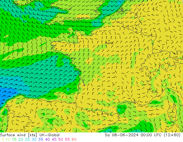 Wind 10 m UK-Global za 08.06.2024 00 UTC