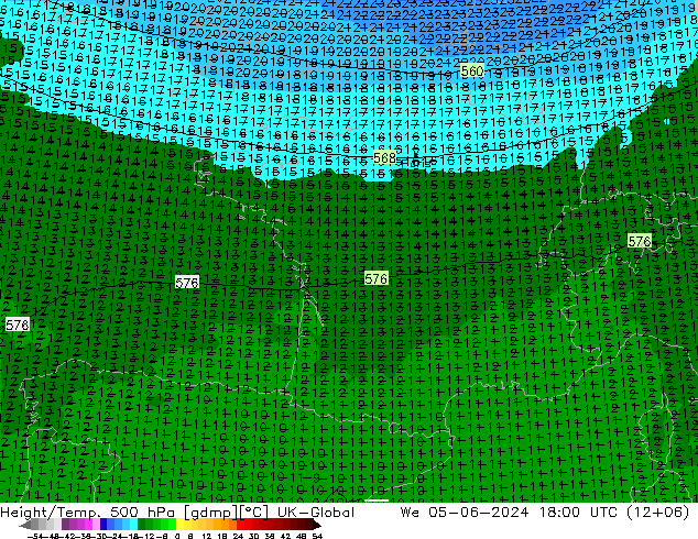 Height/Temp. 500 hPa UK-Global We 05.06.2024 18 UTC