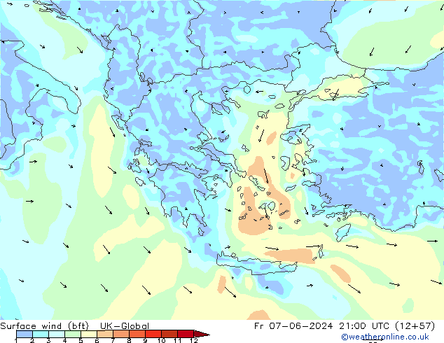 Vent 10 m (bft) UK-Global ven 07.06.2024 21 UTC