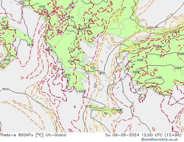 Theta-e 850hPa UK-Global dim 09.06.2024 12 UTC