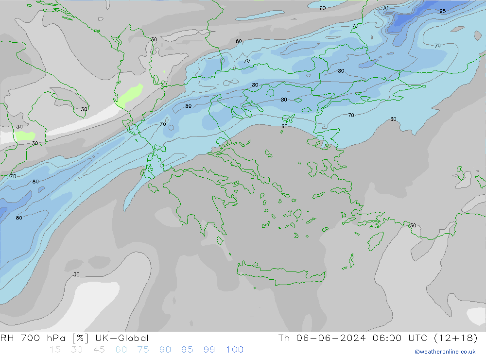 RH 700 гПа UK-Global чт 06.06.2024 06 UTC