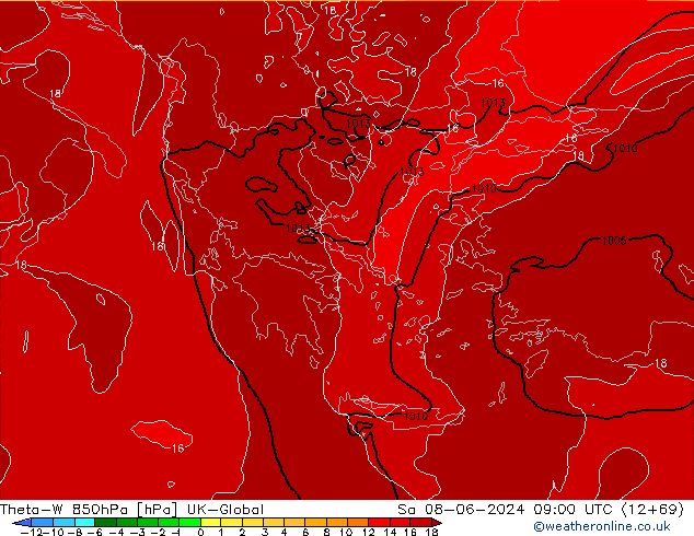 Theta-W 850hPa UK-Global  08.06.2024 09 UTC