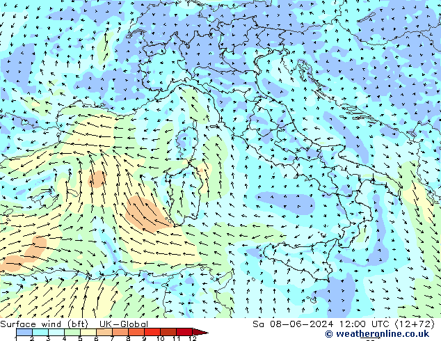 Vent 10 m (bft) UK-Global sam 08.06.2024 12 UTC
