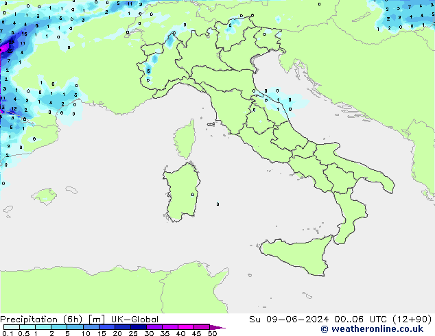 Totale neerslag (6h) UK-Global zo 09.06.2024 06 UTC