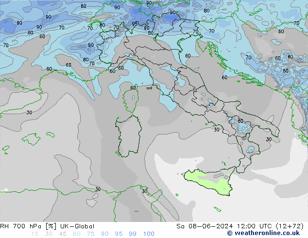 RH 700 гПа UK-Global сб 08.06.2024 12 UTC