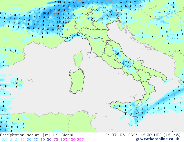 Precipitation accum. UK-Global Fr 07.06.2024 12 UTC