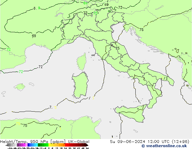 Height/Temp. 950 hPa UK-Global Su 09.06.2024 12 UTC