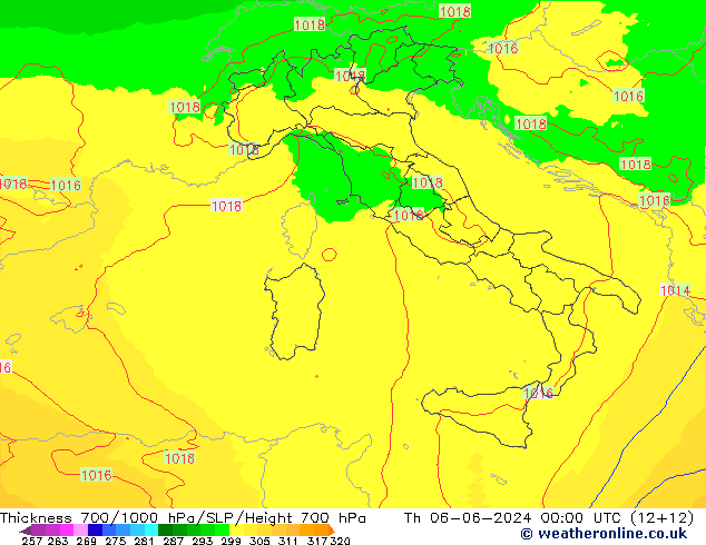 Espesor 700-1000 hPa UK-Global jue 06.06.2024 00 UTC