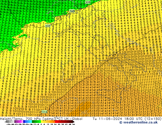 Height/Temp. 700 hPa UK-Global Tu 11.06.2024 18 UTC