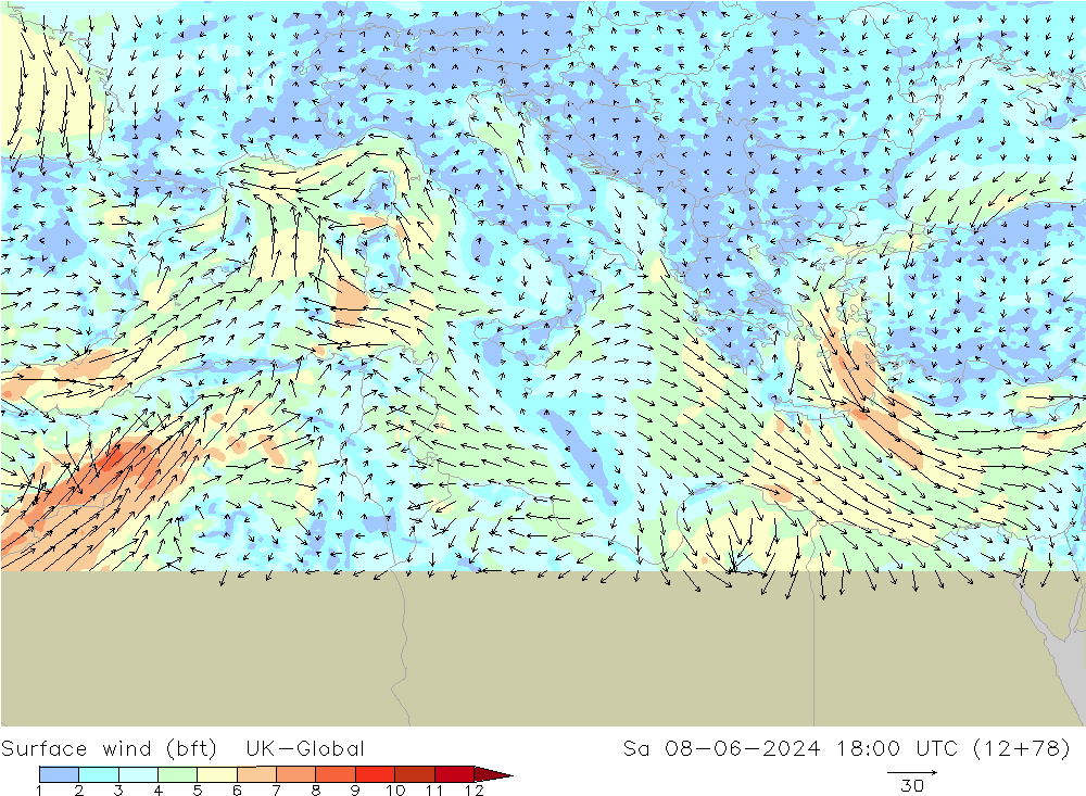 Surface wind (bft) UK-Global Sa 08.06.2024 18 UTC