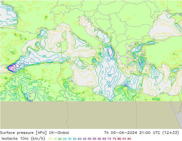 Isotachs (kph) UK-Global чт 06.06.2024 21 UTC