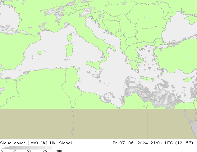 Cloud cover (low) UK-Global Fr 07.06.2024 21 UTC