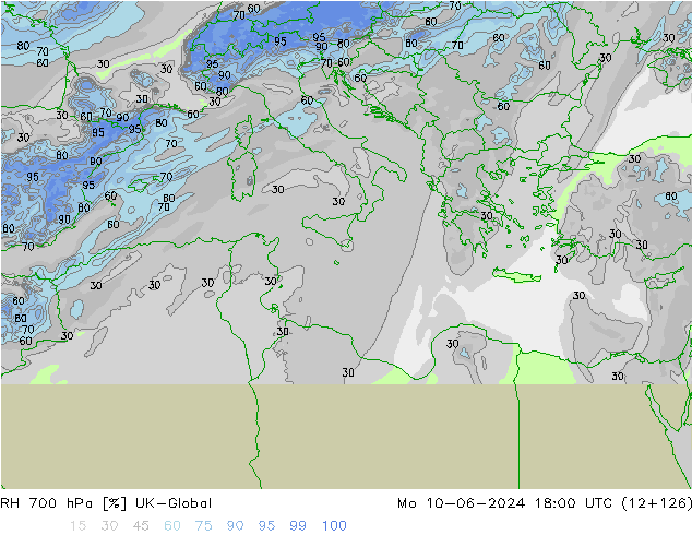 Humedad rel. 700hPa UK-Global lun 10.06.2024 18 UTC