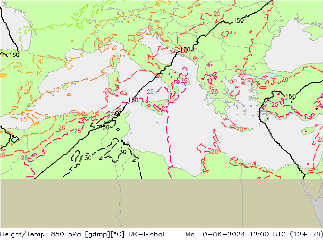 Height/Temp. 850 hPa UK-Global Mo 10.06.2024 12 UTC