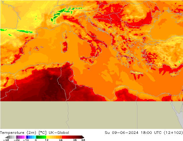 mapa temperatury (2m) UK-Global nie. 09.06.2024 18 UTC