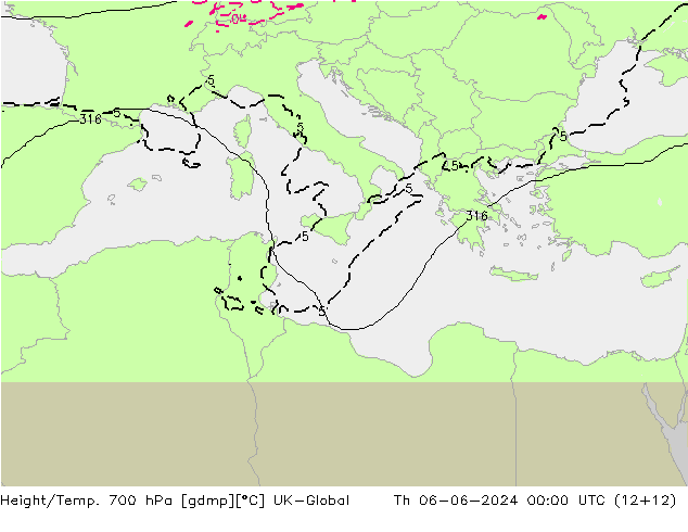 Height/Temp. 700 hPa UK-Global Th 06.06.2024 00 UTC