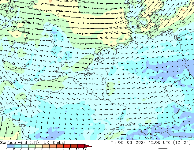 Surface wind (bft) UK-Global Th 06.06.2024 12 UTC