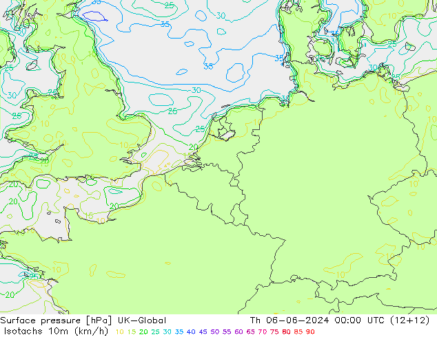 Isotachen (km/h) UK-Global Do 06.06.2024 00 UTC