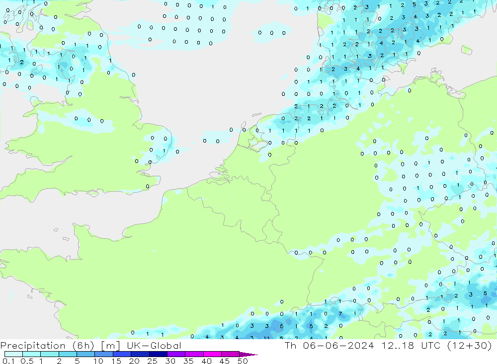 Totale neerslag (6h) UK-Global do 06.06.2024 18 UTC